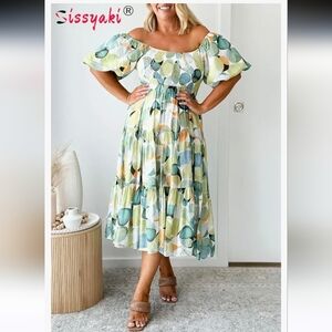 Sissyaki Women's Summer Boho Flowy Dress U Neck Smocked Midi Dress